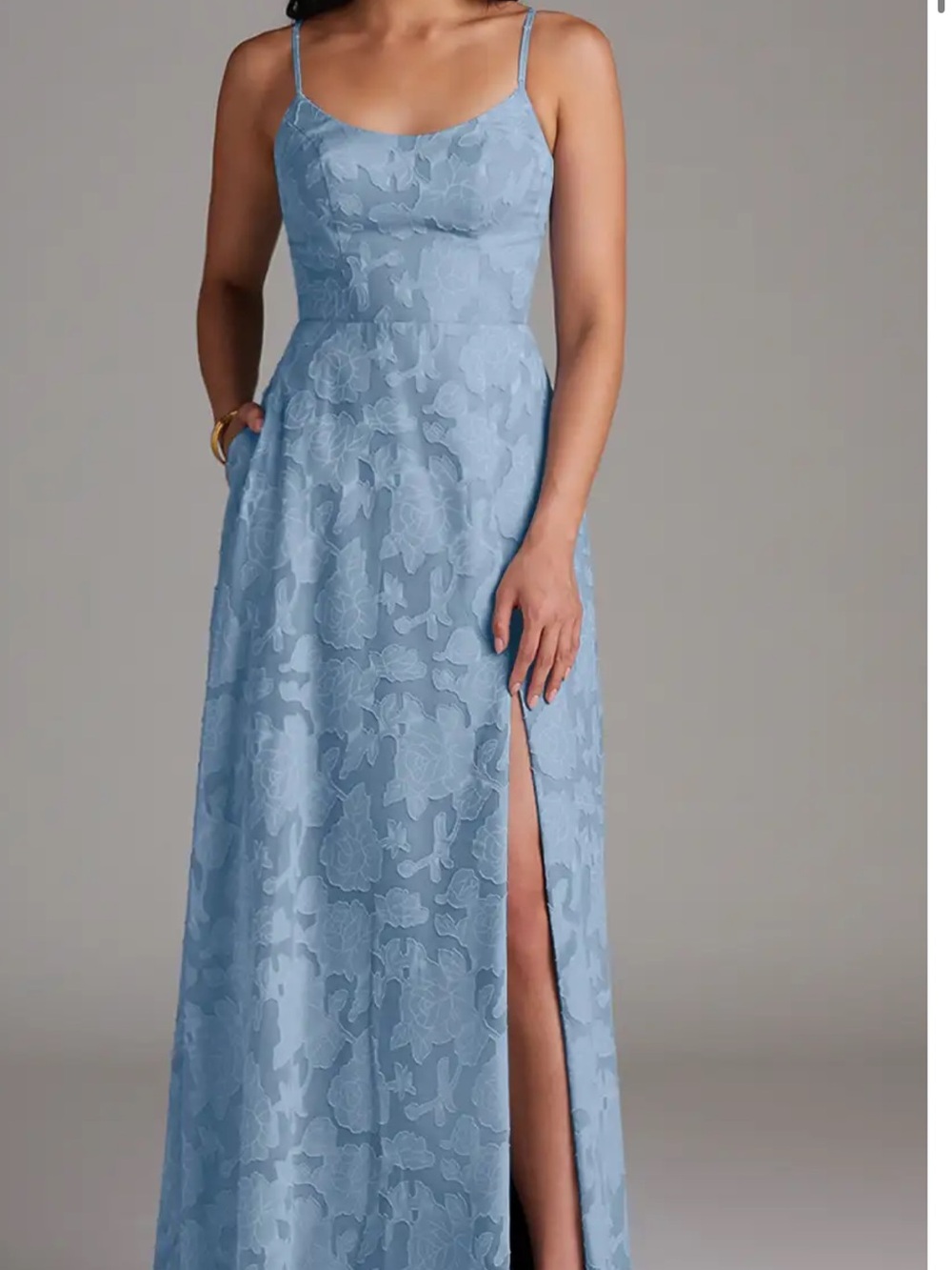Azazie Light Blue Floral Lace Maxi Dress with Side Slit